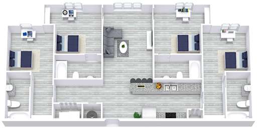 A 3D rendered image of a house layout.