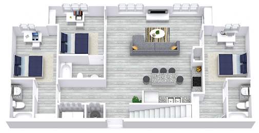 A top-down view of a two-story house with a living room, kitchen, and bedrooms.