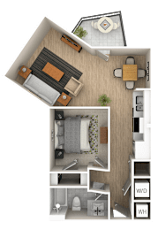 A 3D floor plan of a small apartment with a living room, kitchen, and bathroom.
