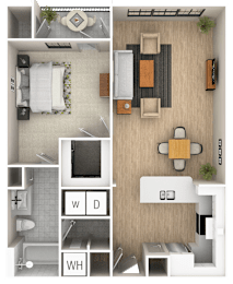 A floor plan of a small apartment with a kitchen, living room, and bathroom.