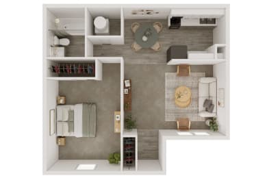 a stylized floor plan with a bedroom and a living room