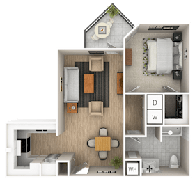 A 3D floor plan of a house showing a kitchen, living room, dining room, and bathroom.
