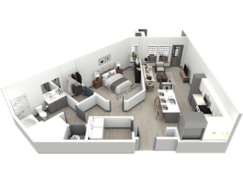 a 3d floor plan of a bedroom and living room