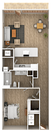 A floor plan of a small apartment with a kitchen, living room, and bedroom.