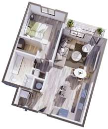 A top-down view of a modern apartment layout.