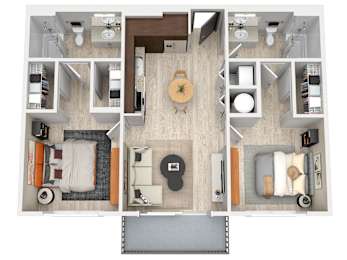 A top-down view of a small apartment with a kitchen, living room, and bedroom.