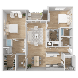 a 3d floor plan of a living room with a bedroom and a kitchen