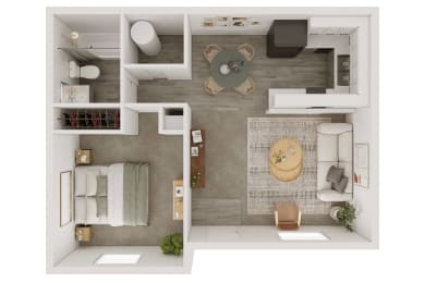 a stylized floor plan of a bedroom with a teddy bear