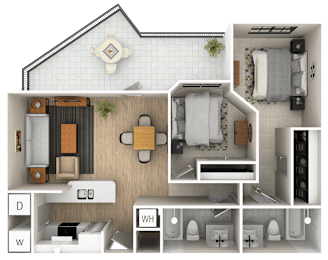 A 3D floor plan of a house showing the layout of the rooms.