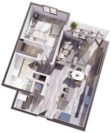 A top-down view of a modern apartment layout with a kitchen, living room, and bathroom.