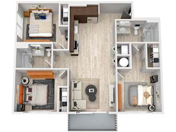 A top down view of a small apartment with a kitchen, living room, and bedroom.