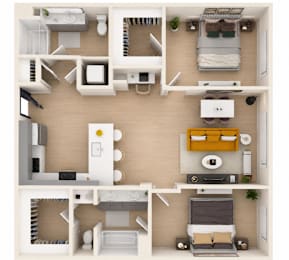 A top-down view of a small apartment layout with a bedroom, living room, kitchen, and bathroom.