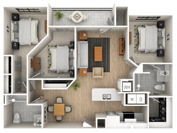 A 3D floor plan of a house with labeled rooms.