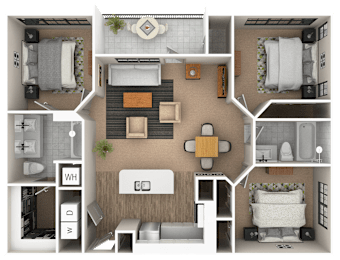 A top-down view of a small apartment layout with a living room, kitchen, and two bedrooms.