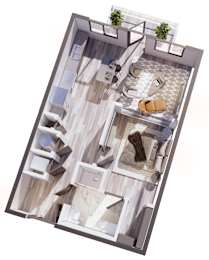 A top-down view of a small apartment with a living room, kitchen, and bathroom.