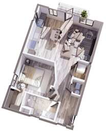 A top-down view of a modern apartment layout with a living room, kitchen, and bedrooms.