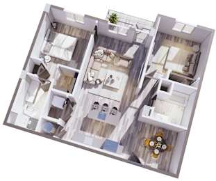 A top-down view of a multi-level apartment with a living room, kitchen, and bedrooms.