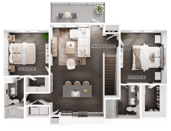 a 3d floor plan of a bedroom with a bathroom and a living room