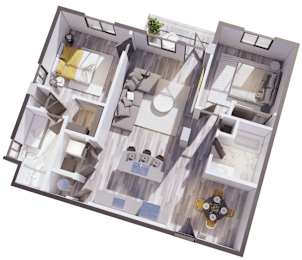 A 3D floor plan of a house with a kitchen, living room, and bathrooms.