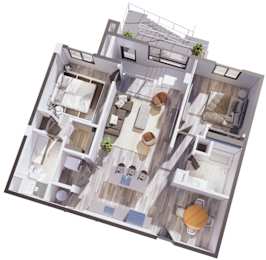 A top-down view of a multi-level home interior with various rooms and furniture.