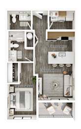 A floor plan of a small apartment with a kitchen, living room, and bathroom.
