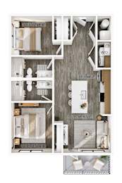 A floor plan of a small apartment with a kitchen, living room, and bathroom.