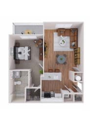 a stylized floor plan of a 1 bedroom apartment