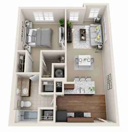 A top-down view of a small apartment with a kitchen, living room, and bedrooms.