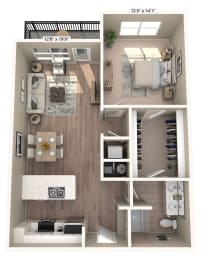 a 3d floor plan of a studio apartment