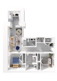 A white floor plan of a house with a kitchen, living room, and bathroom.