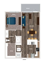 A floor plan of a house with a bedroom, living room, kitchen, and bathroom.