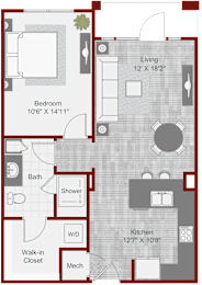 A floor plan of a house with a living room, kitchen, bathroom, bedroom and walk-in closet.