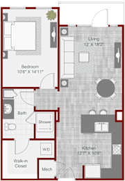 A floor plan of a living space with a kitchen, bathroom, and bedroom.