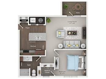 A floor plan of a small apartment with a living room, bedroom, kitchen, and bathroom.