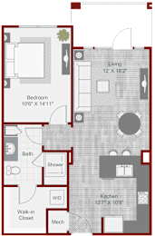 A floor plan of a small apartment with a living room, bedroom, kitchen, and bathroom.