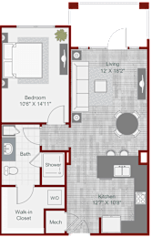 A floor plan of a house with a living room, bedroom, bathroom, kitchen, and walk-in closet.