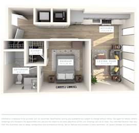 A floor plan of a small apartment with a kitchen, living room, bedroom, bathroom, and closet.