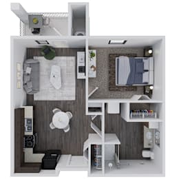 A 3D rendered image of a modern bedroom with a bed, nightstand, and shelves.