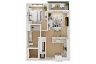 A top-down view of a small, neatly organized apartment with a kitchen, living room, and bathroom.