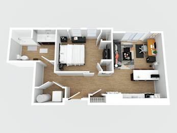 A top-down view of a modern apartment layout with a kitchen, living room, and bedrooms.