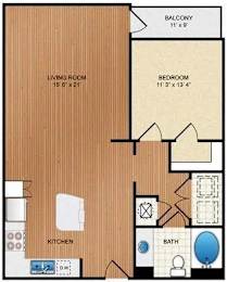 A floor plan of a small apartment with a living room, bedroom, kitchen, and bathroom.