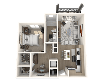 A 3D floor plan of a small apartment with a kitchen, living room, and bathroom