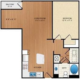 A floor plan of a house with a balcony, living room, kitchen, bathroom, and bedroom.