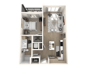 A 3D floor plan of a small apartment with a kitchen, living room, and bathroom