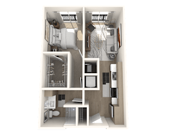 A 3D floor plan of a small apartment with a kitchen, living room, and bathroom
