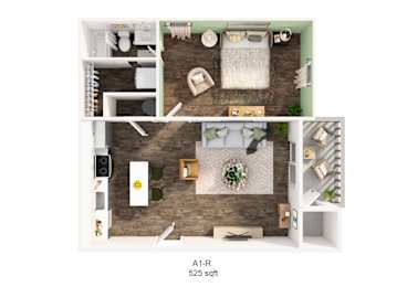 A1-R 525 sqft floor plan with a living room, kitchen, and bathroom.
