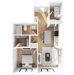 A modern apartment with a kitchen, living room, and bathroom.