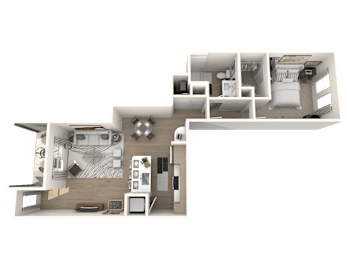 A 3D floor plan of a house with a kitchen, living room, and bedrooms