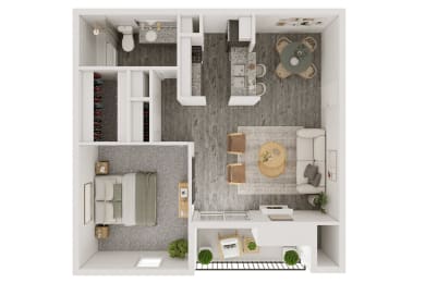 a stylized floor plan with a bedroom and living room
