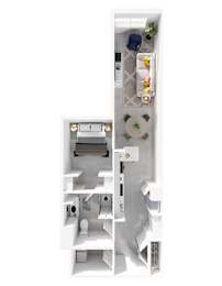 A white floor plan of a small apartment with a kitchen, living room, and bathroom.